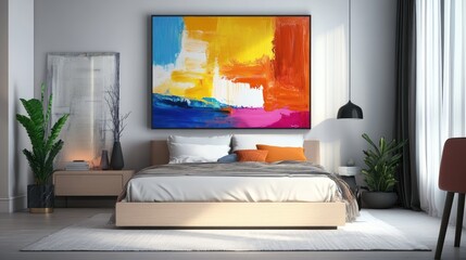A bedroom featuring a modern platform bed with a sleek design, accompanied by minimalist decor and a large abstract painting above the bed.
