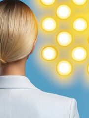 Fototapeta premium A woman with a sleek, blonde hairstyle is seen from behind, illuminated by bright, circular lights against a blue background.