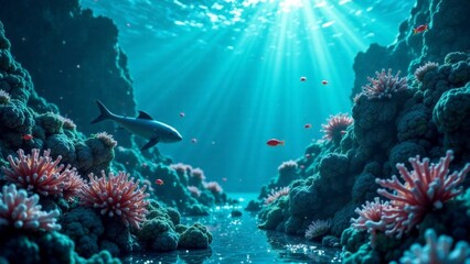 Obraz premium A shark is swimming in a coral reef with many fish. The water is clear and the sun is shining brightly