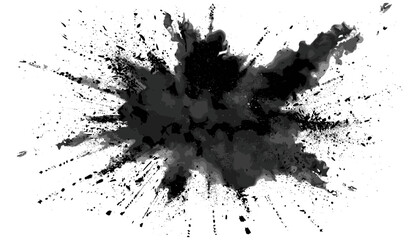 Explosive charcoal powder, black smoke splatter, coal dust cloud, white background, vector illustration, dark abstract design