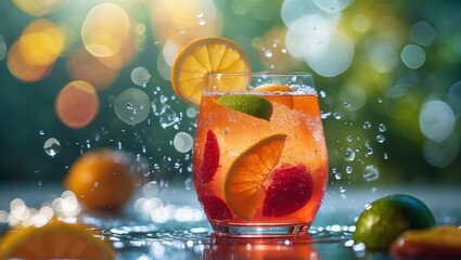 Refreshing summer cocktail with citrus slices and sparkling water in a vibrant outdoor setting
