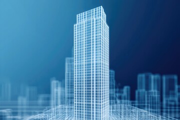 Obraz premium A futuristic, wireframe skyscraper stands prominently against a blue backdrop, symbolizing modern architecture and urban development.
