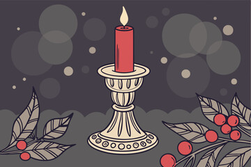  Glowing red candle flame, ornate silver candleholder, dark moody background, bokeh lights, warm ambiance, close-up photography, shallow depth of field, atmospheric lighting, festive mood, holiday s