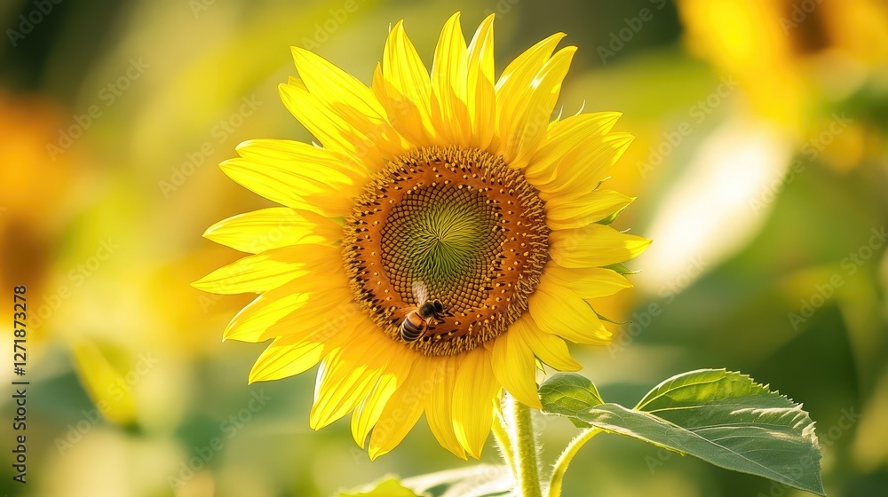 Poster a cheerful sunflower with a bee resting on its center, capturing the interaction between nature and 