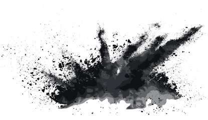 Black charcoal explosion, macro closeup of floating coal pieces, bamboo carbon powder splash, dust cloud, 3D realistic vector illustration