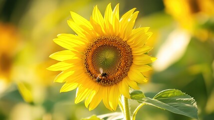 Naklejka premium A cheerful sunflower with a bee resting on its center, capturing the interaction between nature and wildlife with the bright yellow petals in sharp focus.