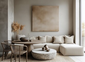 Stylish neutral living room with modern decor and earthy tones in a contemporary space
