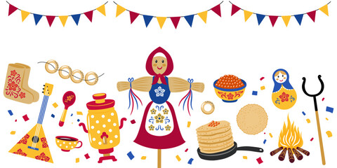 Russian Masnenytsa or Shrovetide banner template. Set of vector design elements - pancakes, scarecrow, samovar, matryoshka. Colorful illustrations on white background.