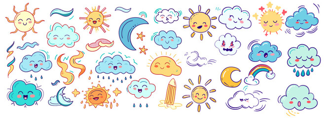 Cute weather cartoon set, vector illustration, cloud, sun, moon, rainbow, wind, tornado, hand-drawn doodle sketch, smile, angry face, rain.