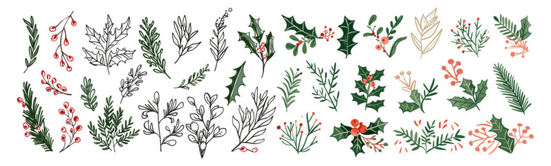 Fototapeta premium Christmas plant leaf, hand drawn doodle sketch holly floral, winter branch elements, rustic wreath, holiday decoration, vector illustration, flower set, Christmas tree leaves.