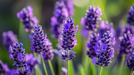 Obraz premium A close-up of a cluster of purple lavender flowers, highlighting their fine details and rich color, with a gentle breeze causing a slight motion in the petals.