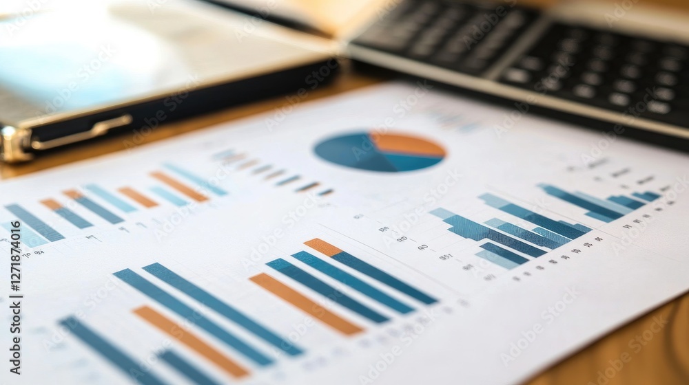Poster a close-up of a financial report with various graphs and charts, focusing on key performance indicat
