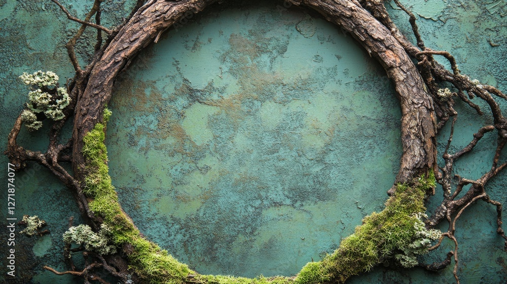 Poster circular tree branch frame with moss on a teal surface