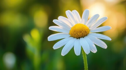 Obraz premium A close-up of a delicate daisy with white petals and a bright yellow center, set against a blurred garden background that emphasizes the flower's simplicity.