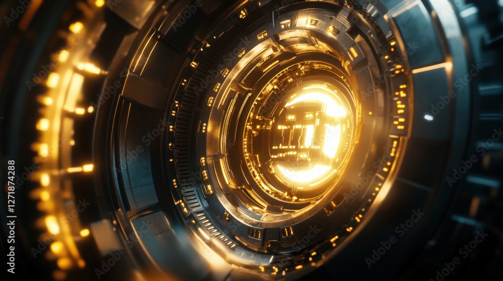 Poster futuristic technology: glowing core of advanced machine with complex details