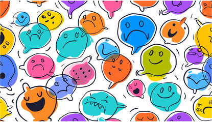 Colorful vector illustration, groovy chat bubble seamless pattern, multi-color rainbow cartoon text balloon, children doodle style, friendly teamwork background concept.