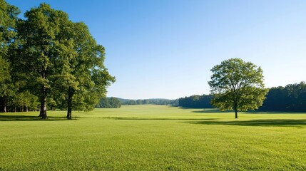 Obraz premium Vast Green Field with Trees Under a Sunny Sky