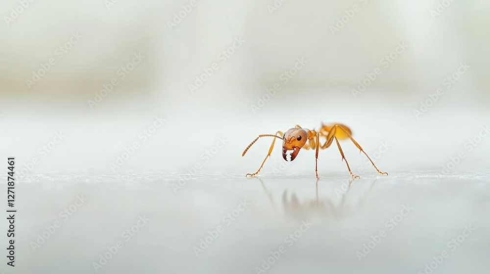 Poster a close-up of a single ant crawling across a white background, showcasing its detailed body structur