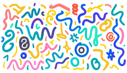 Abstract squiggly lines, colorful doodle swirls, hand-drawn shapes, freeform strokes, children party celebration, trendy design, white background.