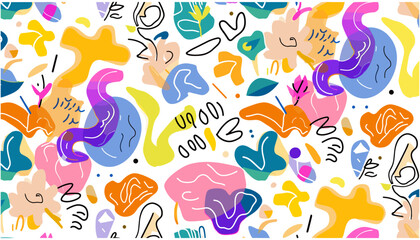 Colorful vector seamless pattern, abstract floral shapes, groovy doodles, squiggle lines, retro-inspired designs, creative projects