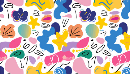 Abstract floral shapes, groovy doodles, squiggle lines, colorful vector seamless pattern, retro-inspired designs, creative projects