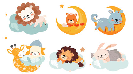 Cute animals sleeping on cloud, half moon with stars, cartoon child characters, sweet dream kids, baby sheep in nightcap, lion, rabbit on pillow, flat style, bedtime illustration.