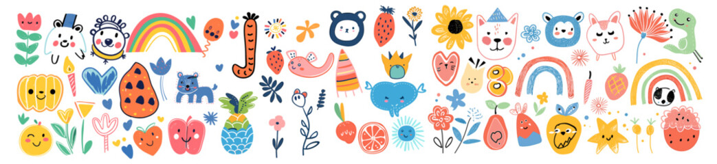 Cute hand drawn doodle vector set, colorful collection of happy animal faces, fruits, scribble, flowers, rainbow, birthday elements, cartoon icons, kids clipart, creative design objects
