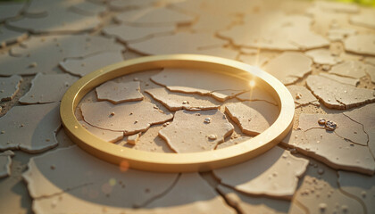 Shattered golden halo on cracked ground, symbolism of lost innocence