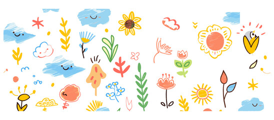 Vector illustration, cute kid flower, summer illustration, cloud, hand drawn doodle sketch, school chalk background, kids doodle crayon style, children vector, line flower