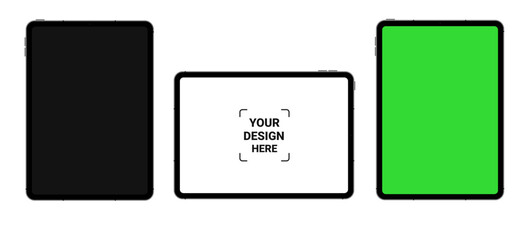 Realistic tablet mockup with blank, black, and green screen. Multiple angle views for presentations and UI designs. Vector illustration.