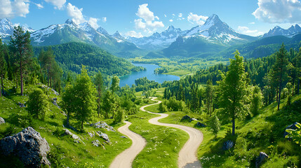 Fototapeta premium Winding road through alpine lake valley