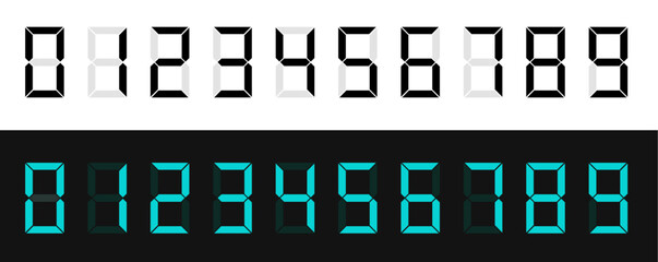 Digital display of black numbers in seven-segment style, including scoreboard, clock, stopwatch, calculator, and electronic meter icons.