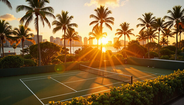 Golden sunset illuminating palm trees by tennis court, tropical vibe