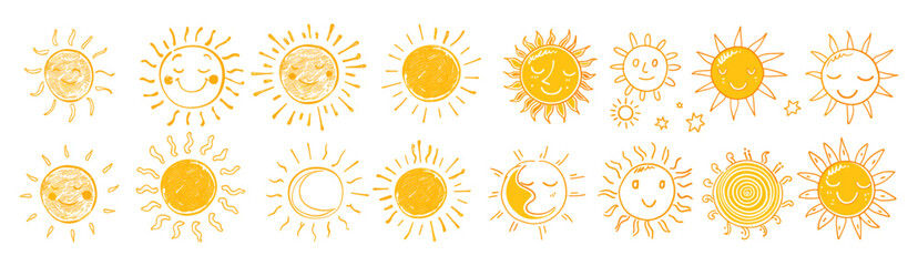 Hand drawn sun sketch, cute orange sunset, vector illustration, doodle children’s style, scribble doodle, hand-drawn illustration, cute sketch, childlike drawing, bright sun