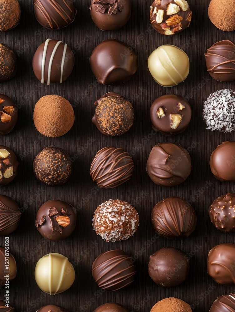 Poster assorted chocolate truffles displayed neatly on a dark background inviting indulgence at any time of