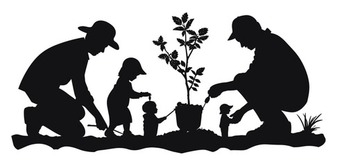 Family tree planting illustration, parents and children, arbor day vector silhouette, plant trees, family activity, environmental conservation, nature love, family bonding