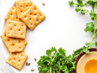 Top view of a plate of seed crackers with green toppings, healthy, option, crackers