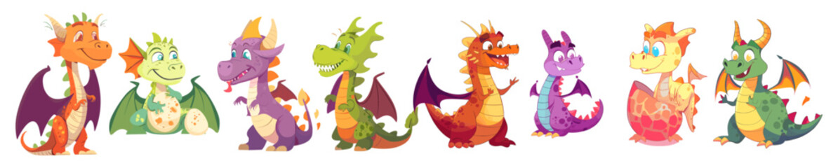 Fairy dragons vector illustration, cartoon characters with baby dinosaur, magic creatures, medieval reptiles, happy parents, fantasy child monster, egg, grandmother, grandfather,