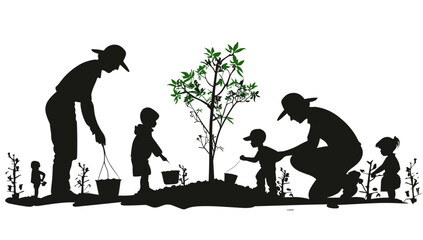 Parents and children tree planting, arbor day vector illustration, family outdoor activity, nature conservation, plant trees, environmental awareness, family time