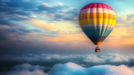 Naklejka premium A colorful hot air balloon is floating in the sky above a cloudy backdrop
