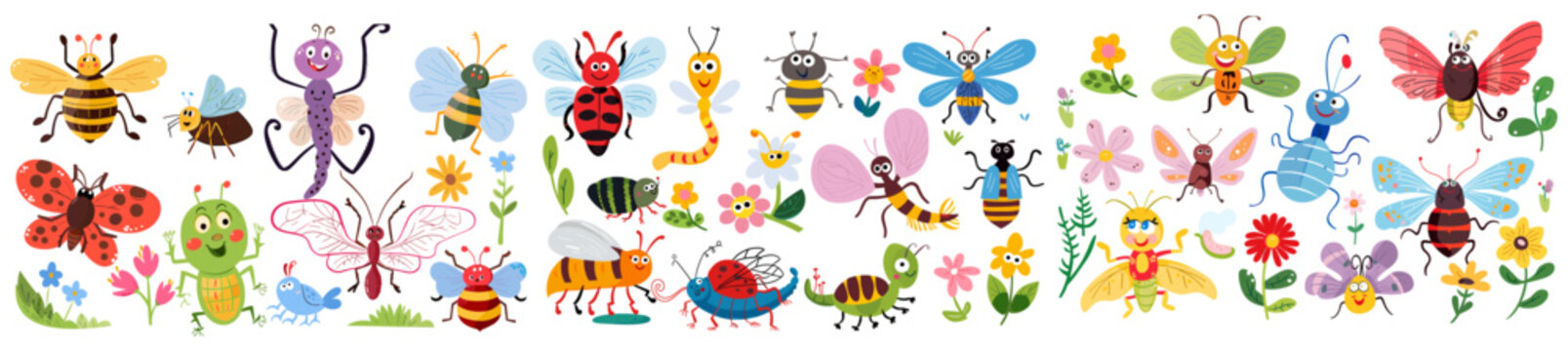 Flat vector illustration of cute insects, funny bugs, smiling beetles, grasshopper, dragonfly with wings, bee, ant, caterpillar, red ladybug, kids collection, flowers isolated.