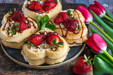 Heart-shaped belgian waffles decorated with fresh strawberries