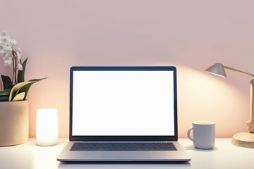 Blank laptop screen on white table with soft lighting in room