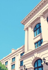 Minimalist Flat Color Illustration of Classical Bank Building Facade with Clear Blue Sky Background and Copy Space for Text