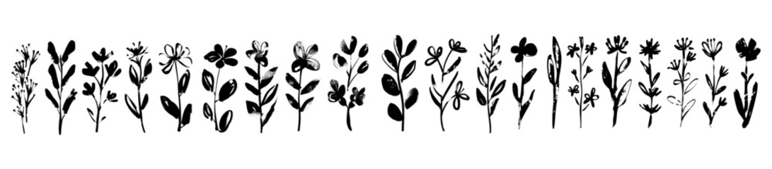 Vector flower illustration, hand drawn brush stroke, nature floral silhouette, leaf graphic, ink stroke sketch, plant design, abstract grunge texture, scribble leaf art.