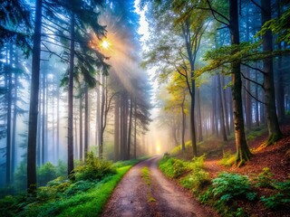 Obraz premium Foggy Forest Path: Misty Trees, Overcast Sky, Peaceful Nature Scene