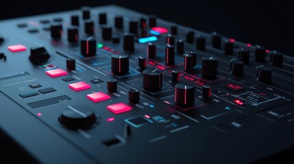 Fototapeta premium Closeup of a Black Audio Mixer with Red and Blue Lights