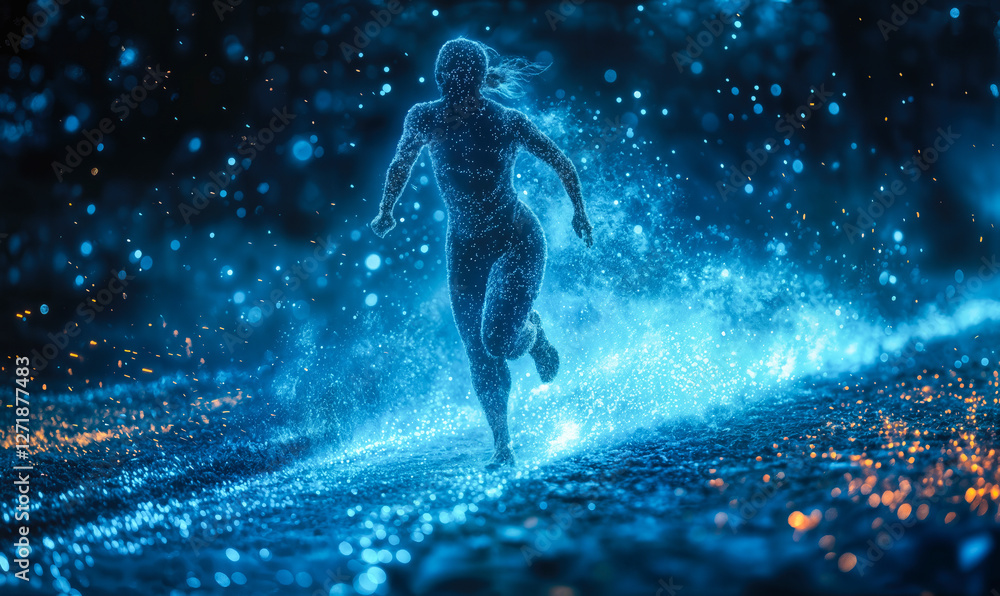 Poster digital athlete silhouette running through dynamic blue particle stream in futuristic conceptual spo