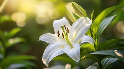 Obraz premium A detailed shot of a delicate white lily, with its stamens and pistil clearly visible, surrounded by lush green leaves and soft morning light.