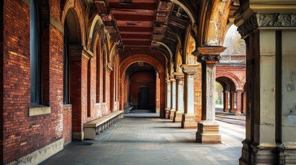 Obraz premium A detailed shot of a historic train station with classic architectural elements, such as arches and brickwork, representing a blend of past and present.